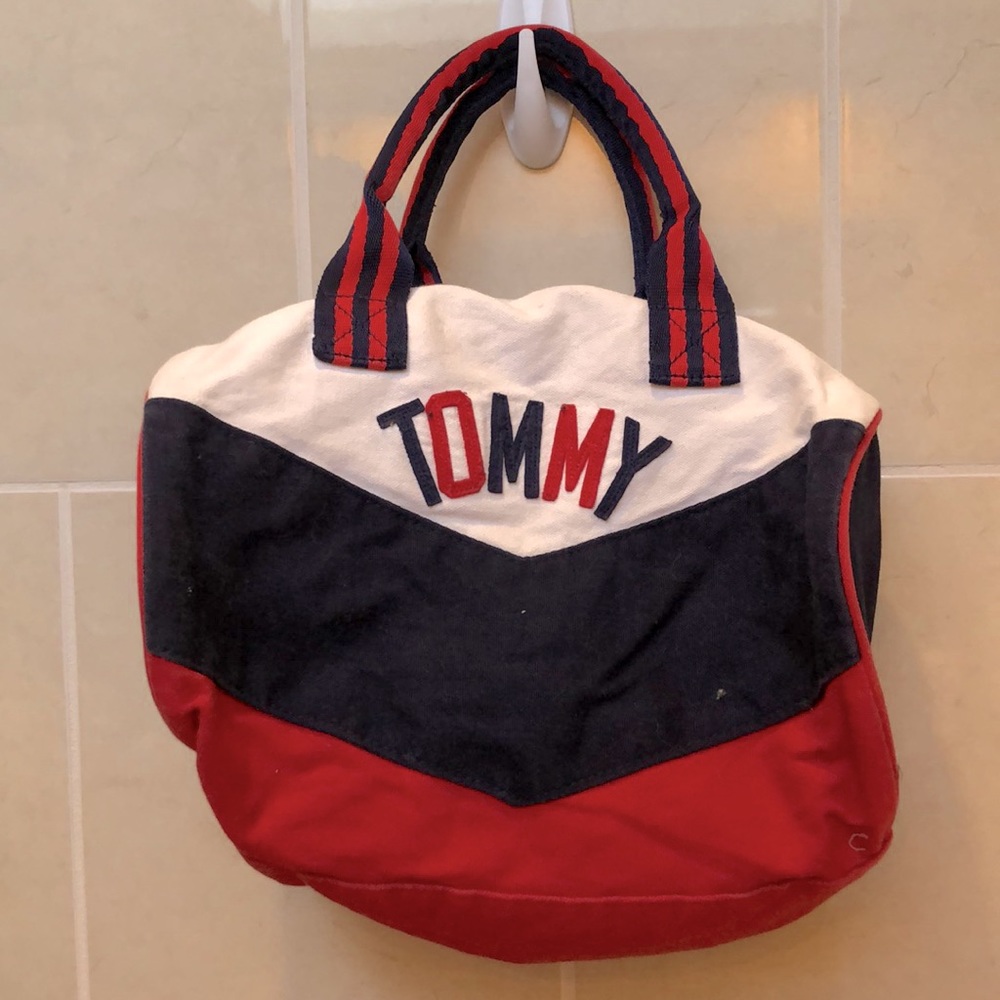 Y2K Tommy Hilfiger Logo Red White Blue Top Handle Crossbody Canvas Bag